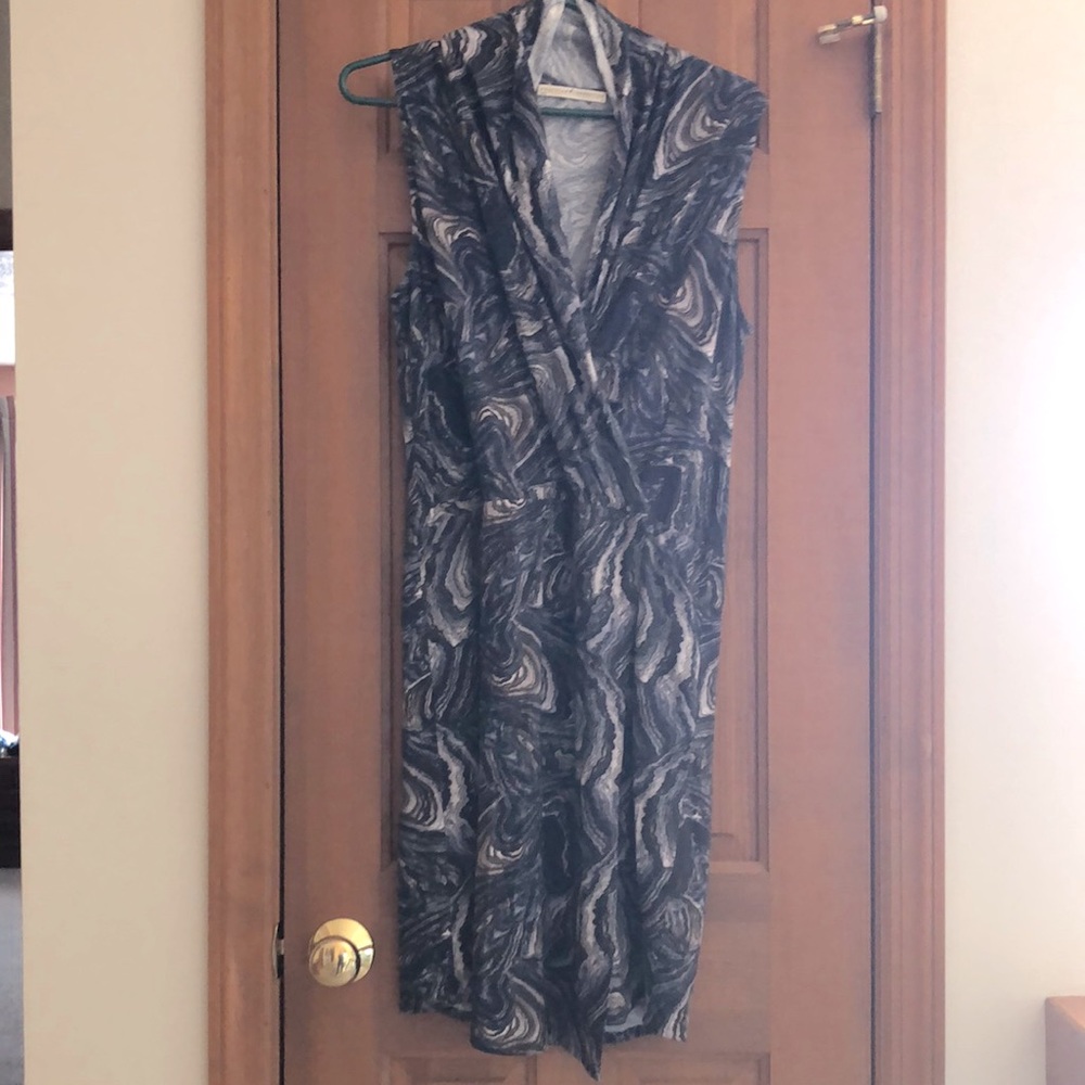 Cotton blend  print draped bodice dress with faux wrap skirt